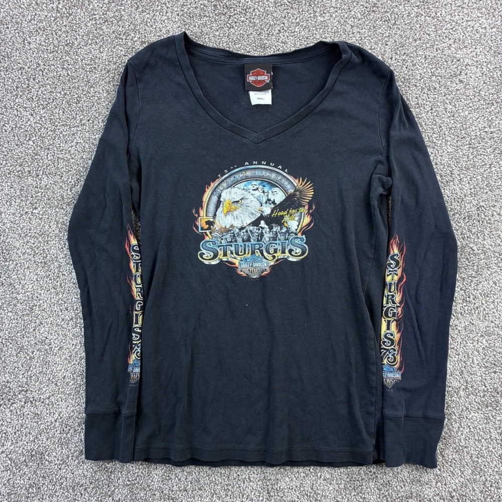 Vintage Y2K Harley Davidson Shirt Women's S Sturgis Flame Sleeves V Neck Biker